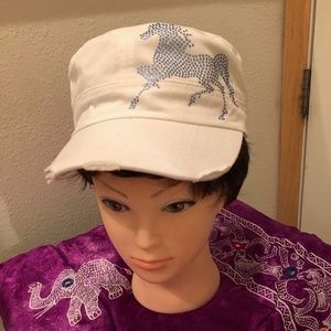 Bling Blue Horse on Distressed Cadet Cap Hat New